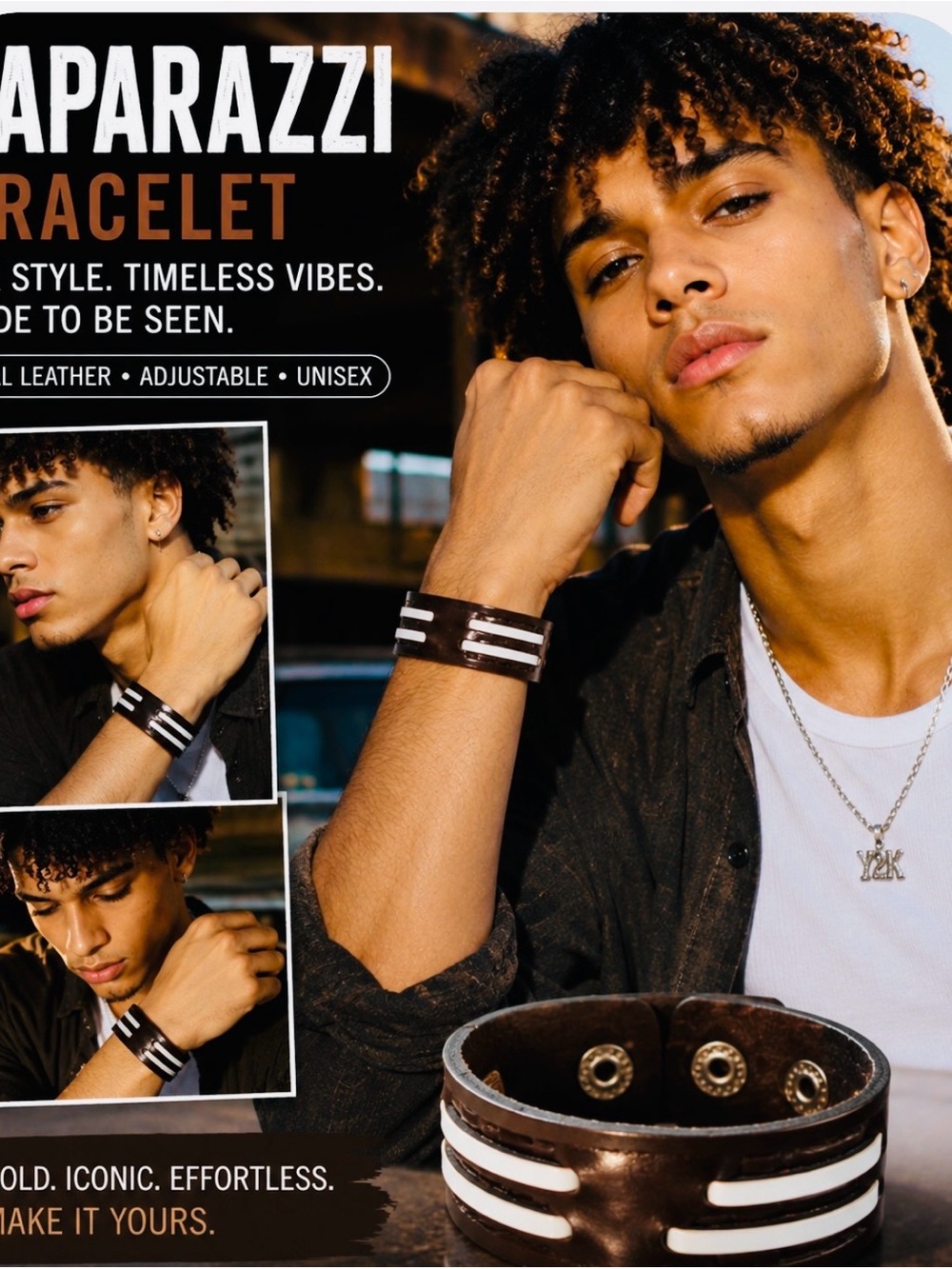 Paparazzi Black Leather Cuff with White Stripe Accents